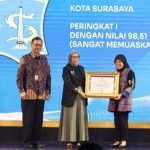 Asisten Pemerintahan dan Kesejahteraan Rakyat Kota Surabaya, Erna Purnawati (kanan) saat menerima penghargaan di Kantor ANRI, Jakarta Selatan, Kamis (22/5/2025).